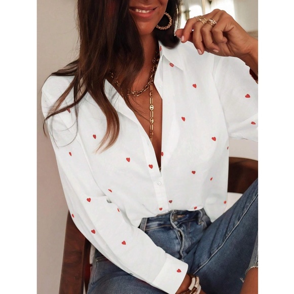 White Casual Shirt Red Hearts Button Down Up Long Sleeve - Picture 3 of 11